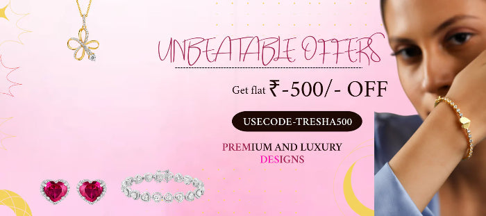 Jewelry advertisement with a woman wearing a gold bracelet, featuring unbeatable offers and a discount code.